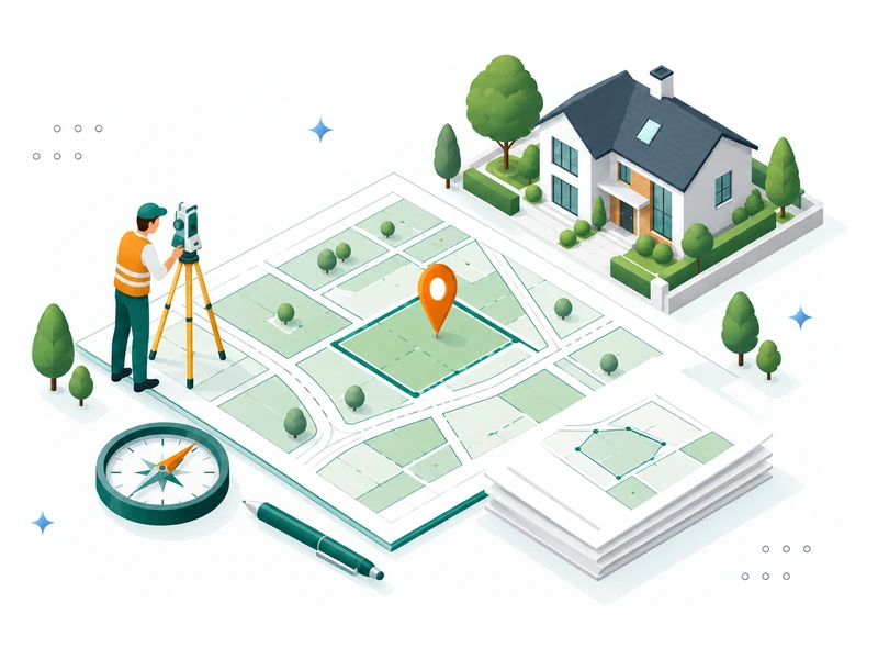 Illustration of a surveyor measuring a subdivided plot next to a house, with a survey diagram