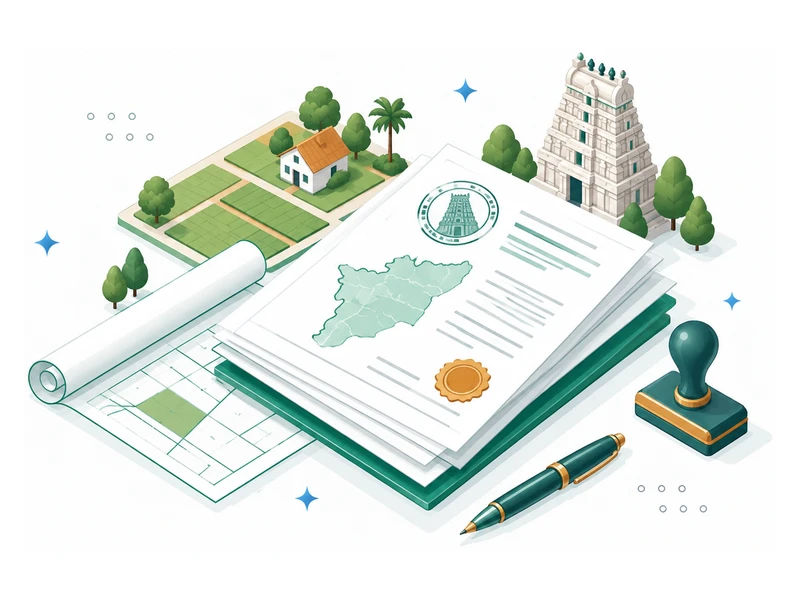 Illustration of Tamil Nadu land record documents with an official seal, a temple gopuram and a village plot map