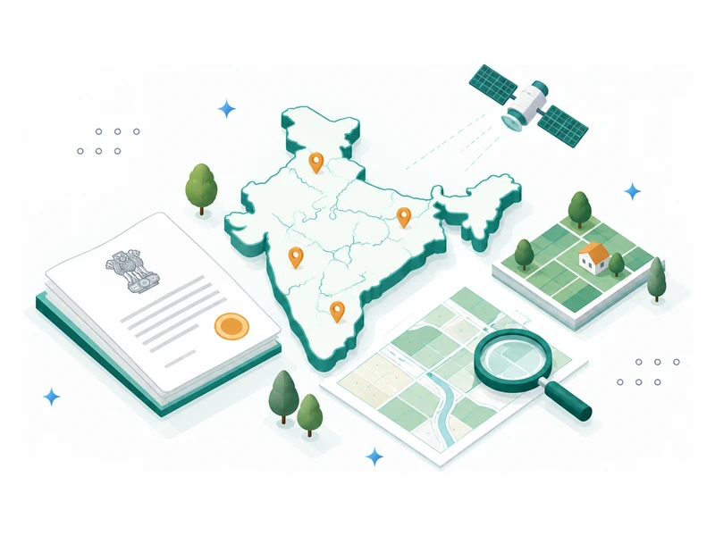 Illustration of an India map with location pins, a government document and a survey map, representing land records across India