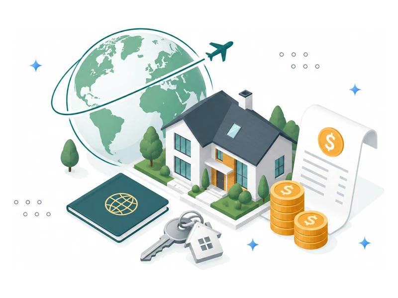 Illustration of a globe with a flight path, a house, keys and a receipt with a dollar coin, representing NRI closing costs