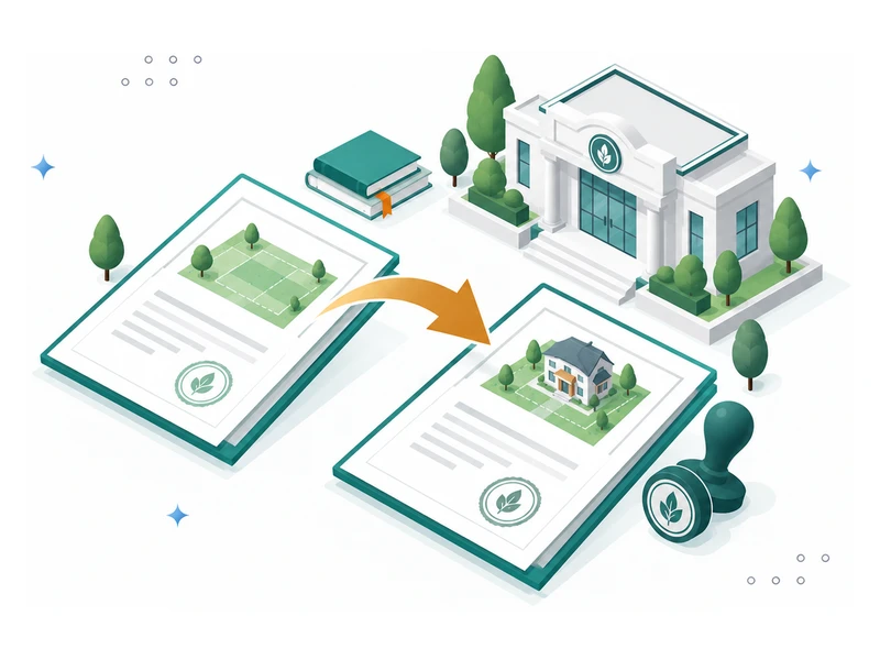 Illustration of a land record transferring from a plot document to a house ownership document via a government office