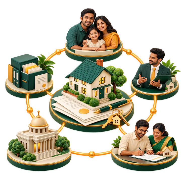 Illustration of a house connected to records, people, professionals, authorities and ongoing ownership