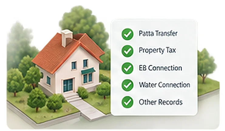 House with a checklist: Patta transfer, property tax, EB connection, water connection, other records