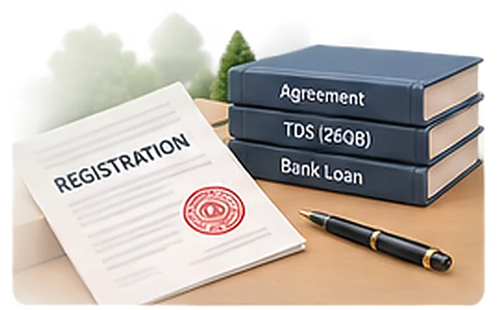 Registration document, and books labelled Agreement, TDS and Bank Loan