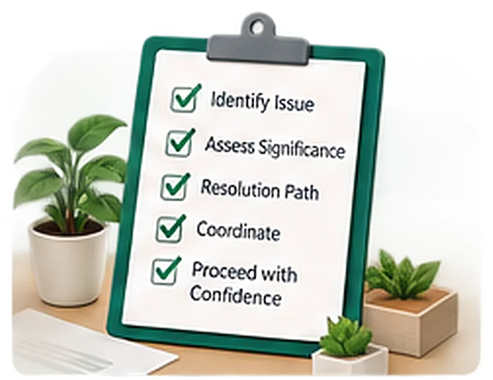 Clipboard checklist: identify issue, assess significance, resolution path, coordinate, proceed with confidence