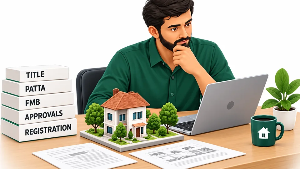 Buyer at a laptop beside a model house and a stack of documents labelled Title, Patta, FMB, Approvals and Registration