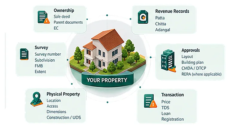 Property surrounded by six linked record categories: ownership, revenue records, survey records, approvals, physical property and transaction