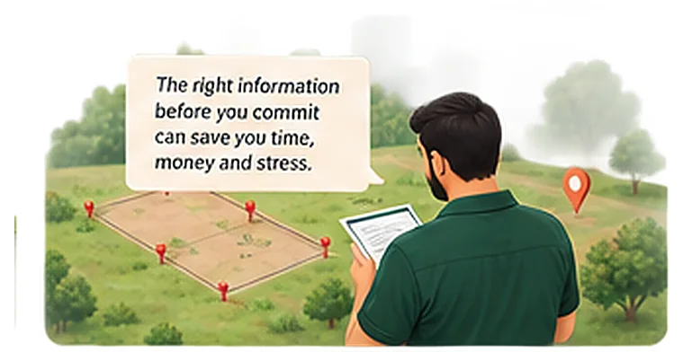 A buyer reviewing a plot survey on a tablet in the field
