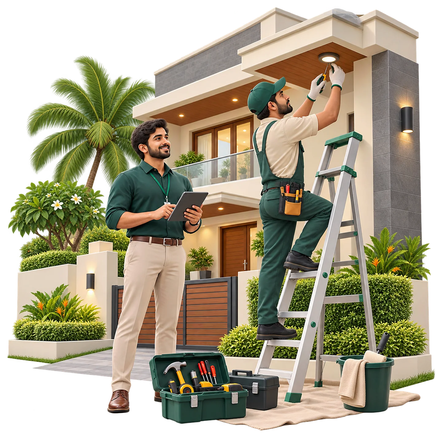 Pinewood team member with a tablet and a technician on a ladder repairing a light outside a home