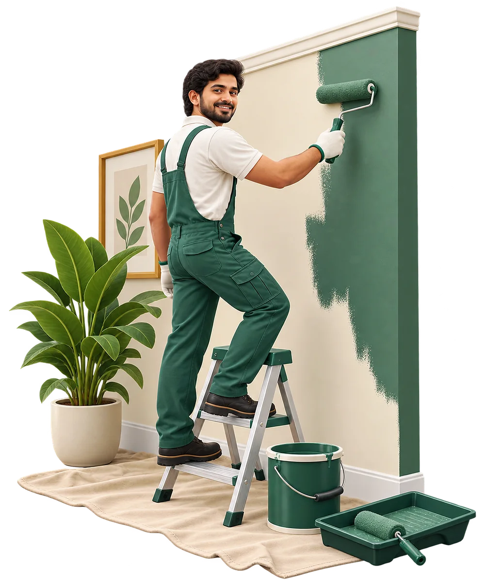 Painter on a stepladder painting a wall green