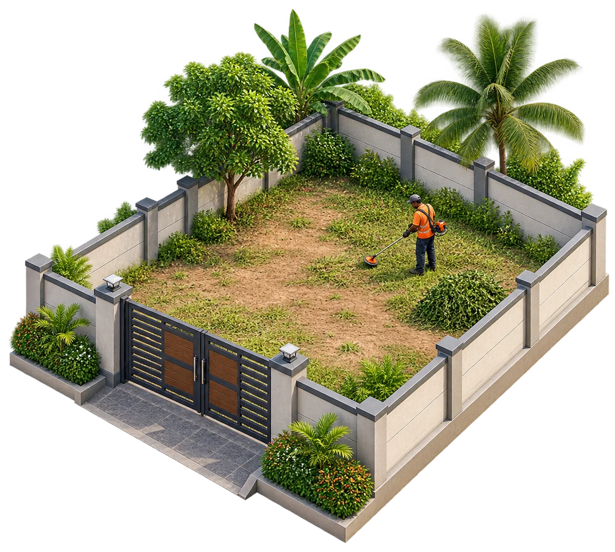 Walled vacant plot with a gate and a worker trimming the grass