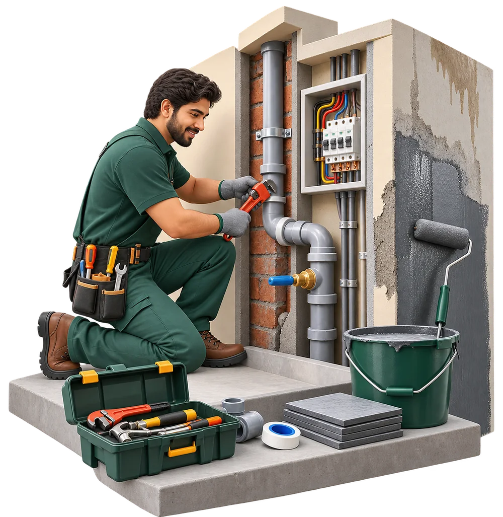 Technician repairing pipes beside an electrical panel and a damp, peeling wall