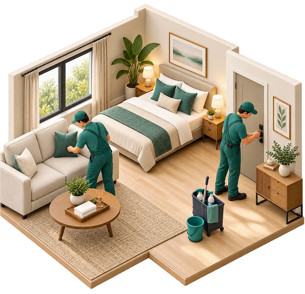 Two workers preparing a furnished bedroom and living room for a new tenant
