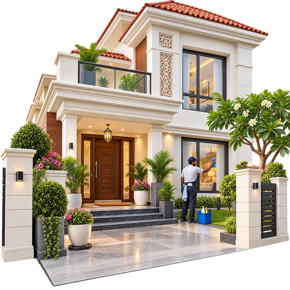 Home exterior with a worker cleaning a window before sale