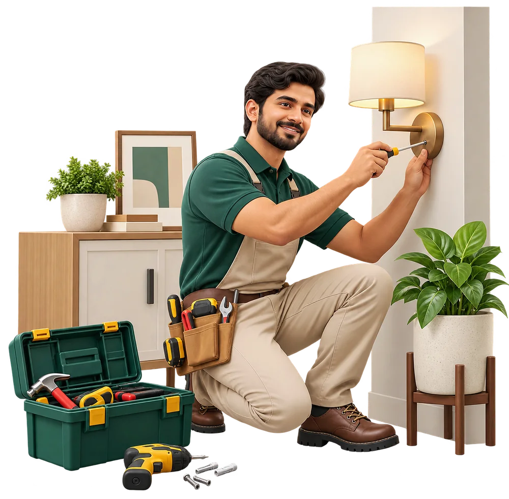 Technician fixing a wall light, with a toolbox beside him