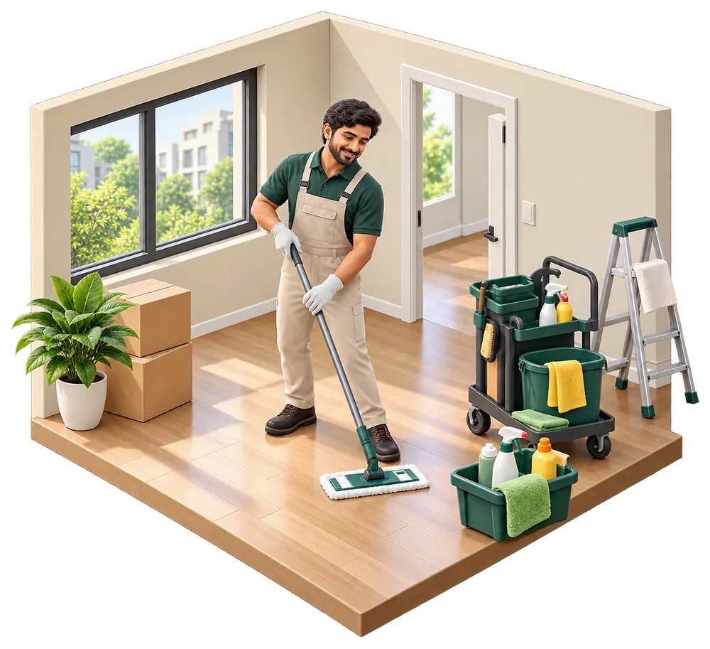 Cleaner mopping an empty room after a tenant moves out