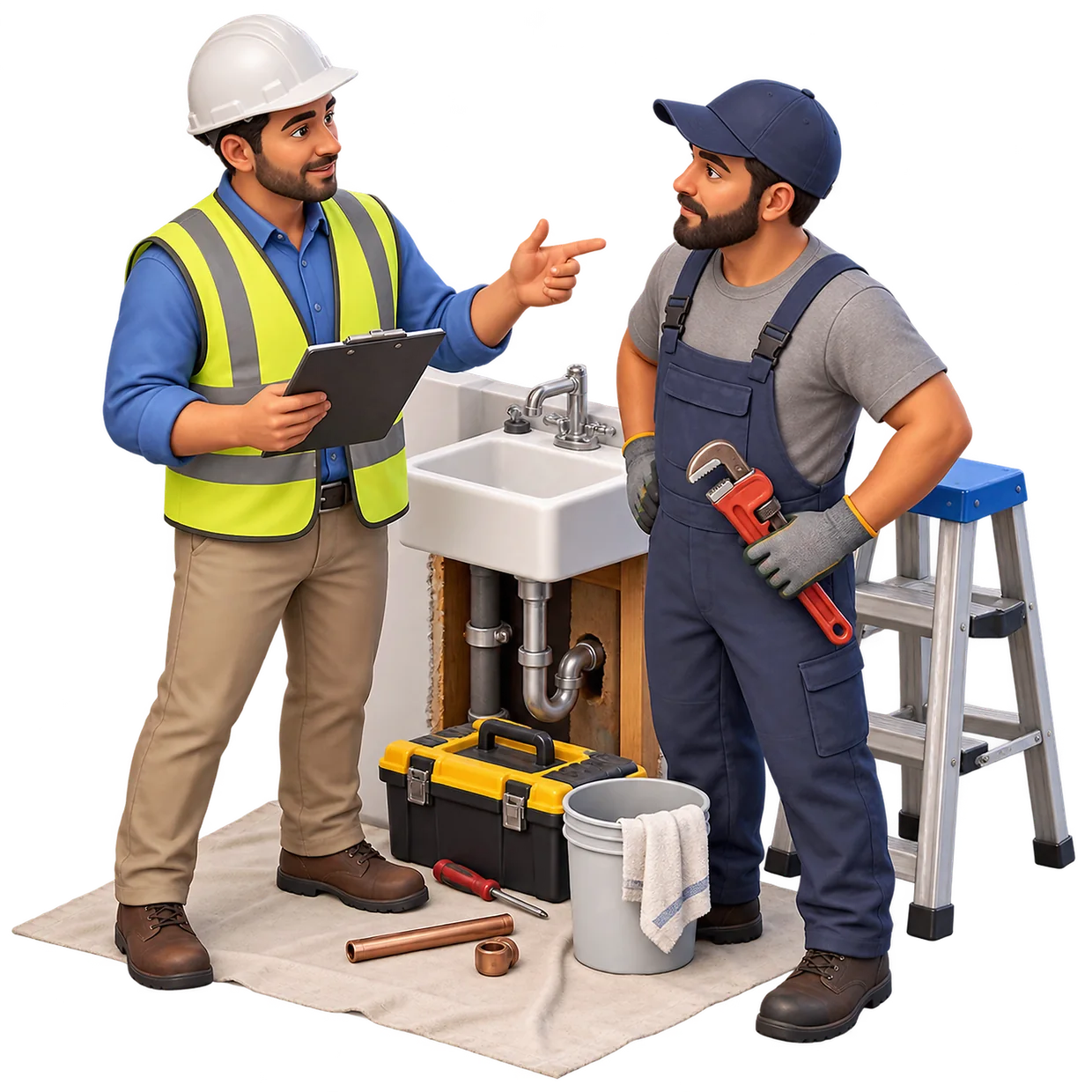 Site supervisor with a clipboard talking to a plumber at a sink