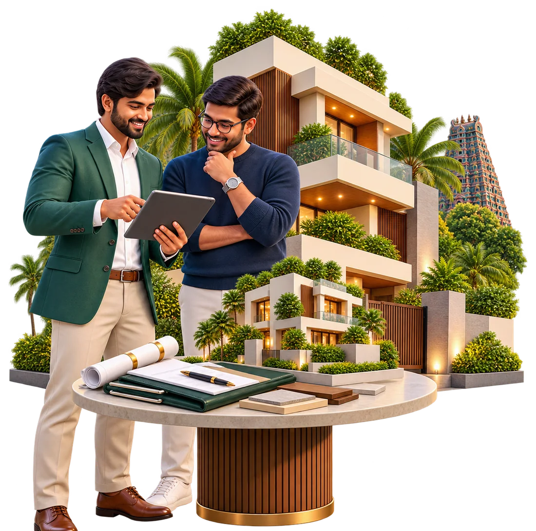 Pinewood advisor and a client reviewing a tablet and property plans beside a model home