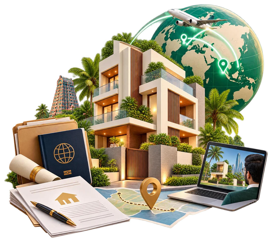 Passport, property documents, a map and a laptop video call, showing how owning property from abroad needs local coordination