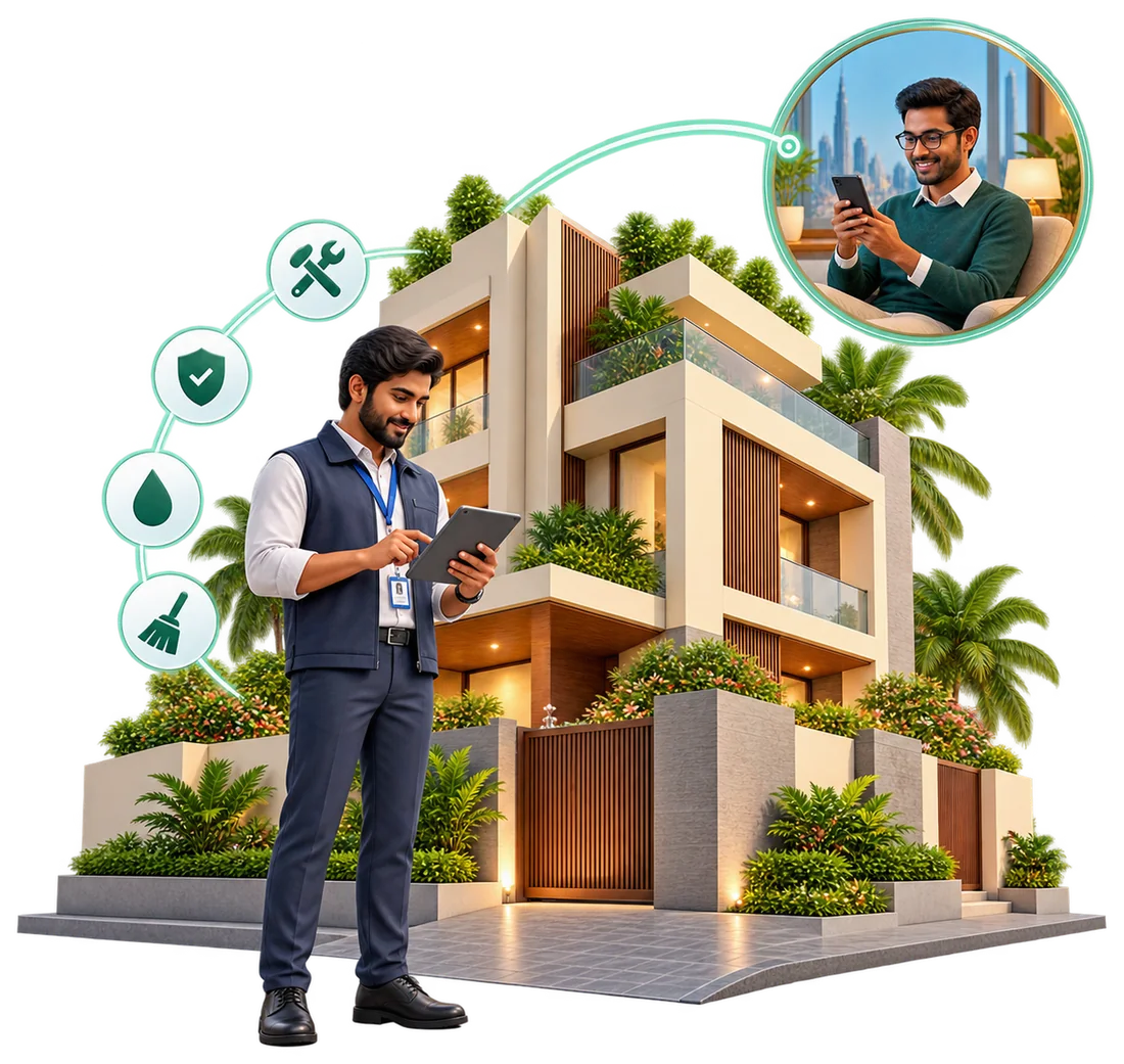Pinewood team member checking a home with a tablet while the overseas owner watches on a video call