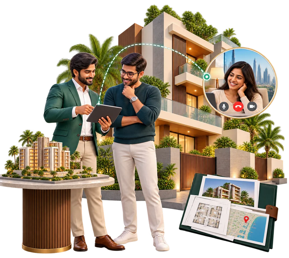 Pinewood advisor showing an overseas client property plans while she joins by video call