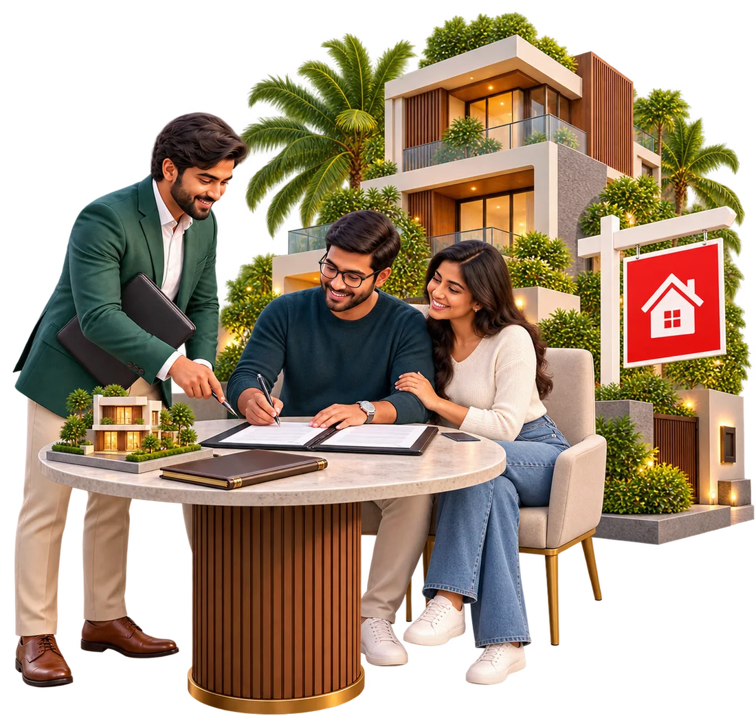 Pinewood advisor helping a couple sign sale papers beside a model home and a For Sale sign
