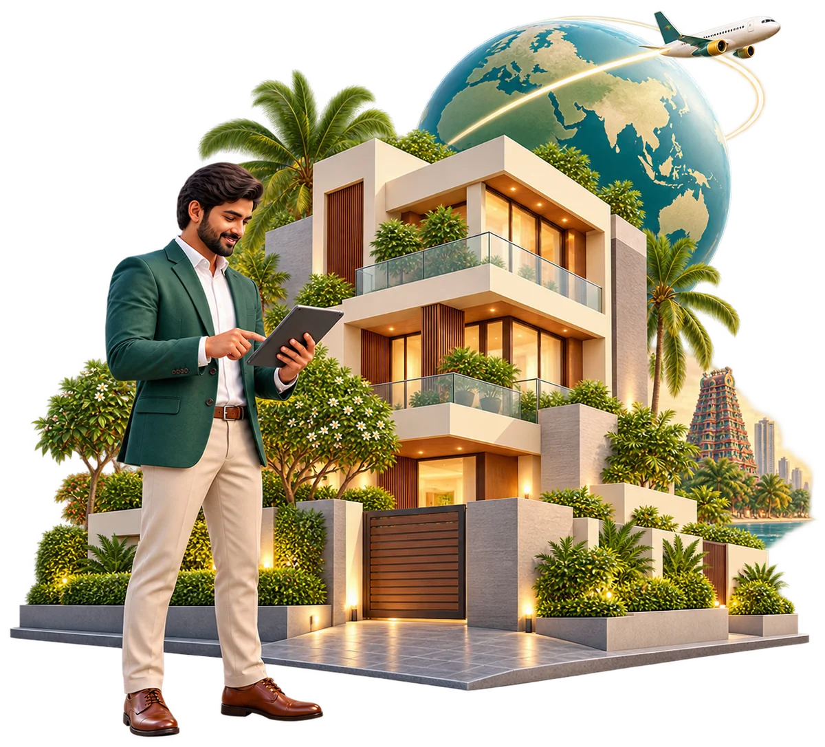 Pinewood advisor with a tablet outside a Chennai home, with a globe and an aeroplane above it for overseas owners