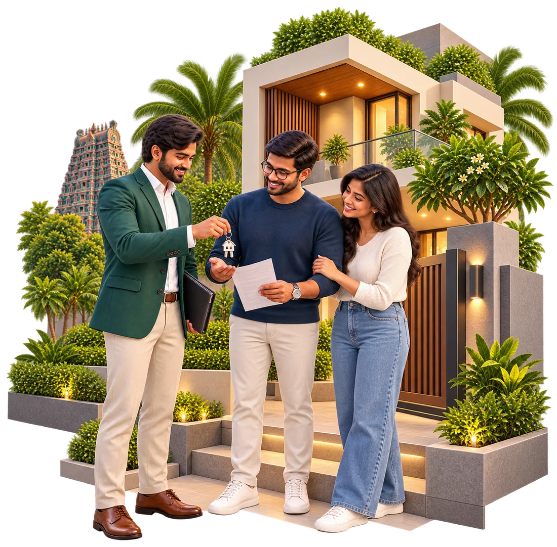 Pinewood advisor handing house keys to a couple at the door of a Chennai home