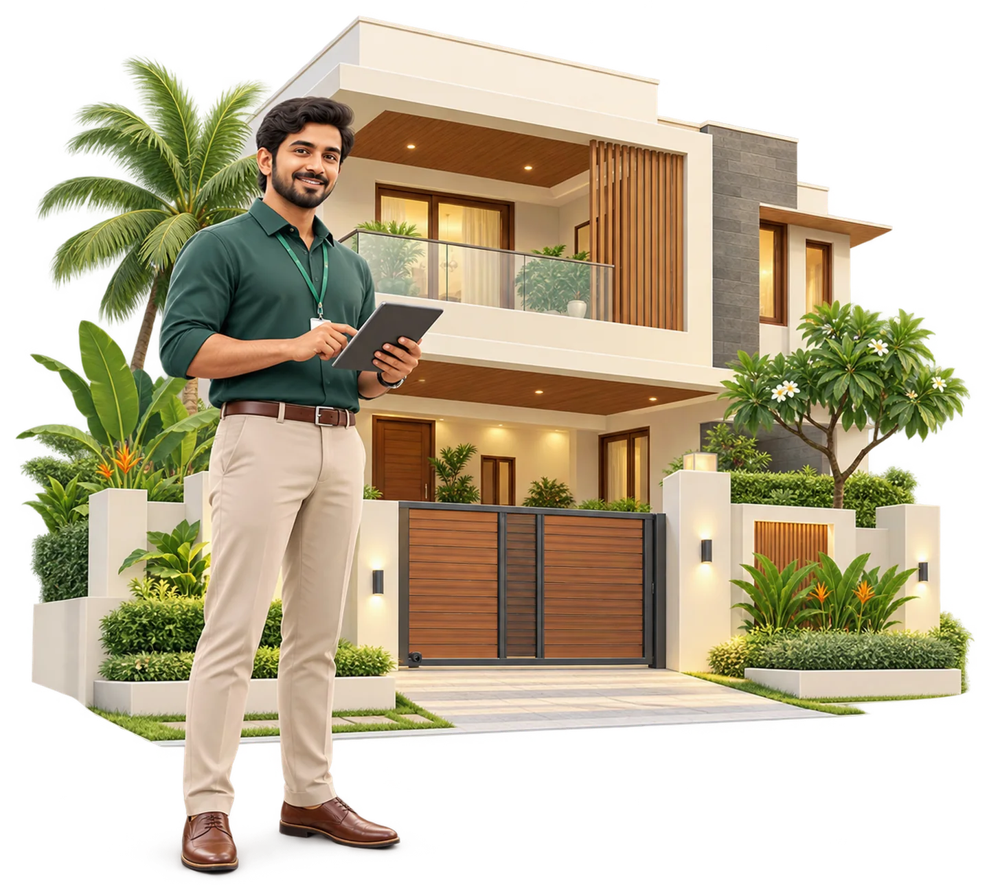 Pinewood team member outside a Chennai home holding a tablet