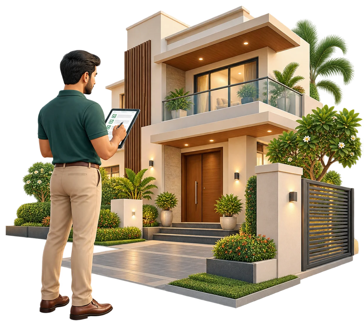 Pinewood team member inspecting a home with a tablet