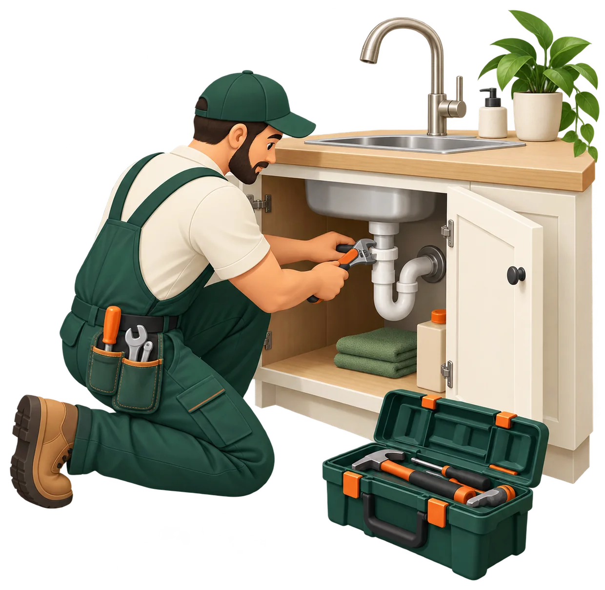 Technician repairing a sink pipe under a kitchen counter