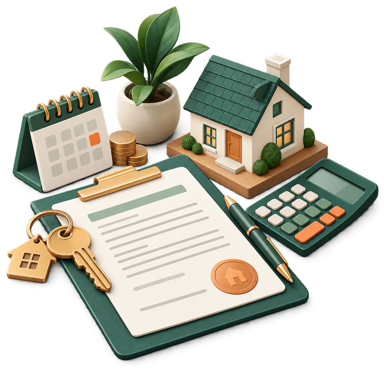 Rental agreement on a clipboard with keys, a calendar and a calculator