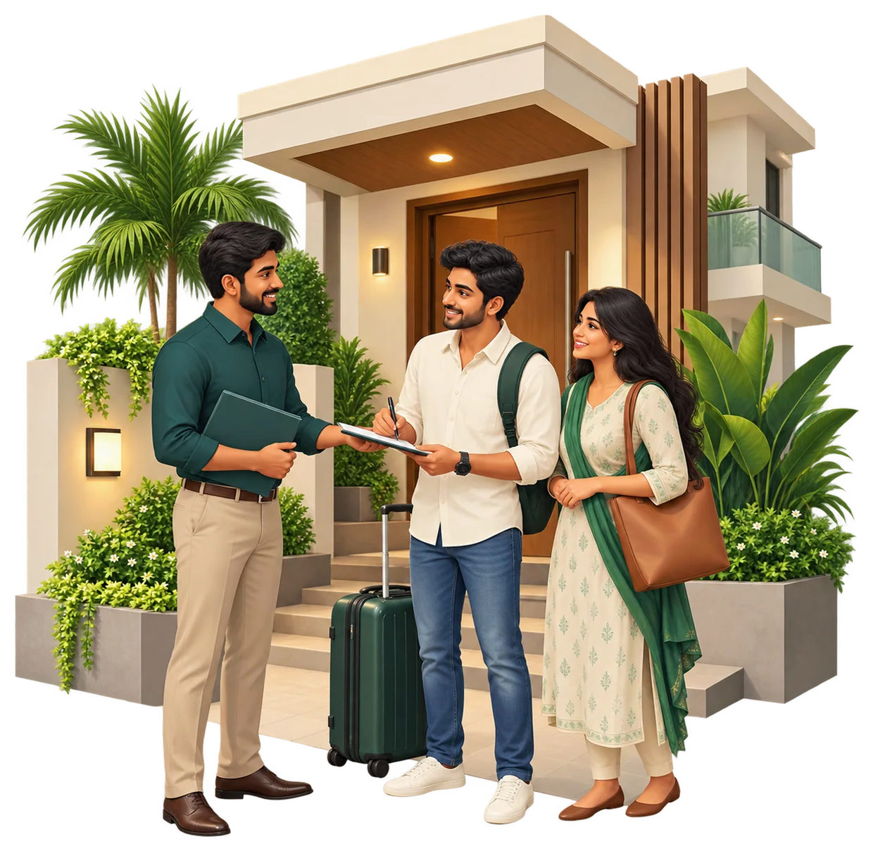 Pinewood team member welcoming a couple at the door of a home