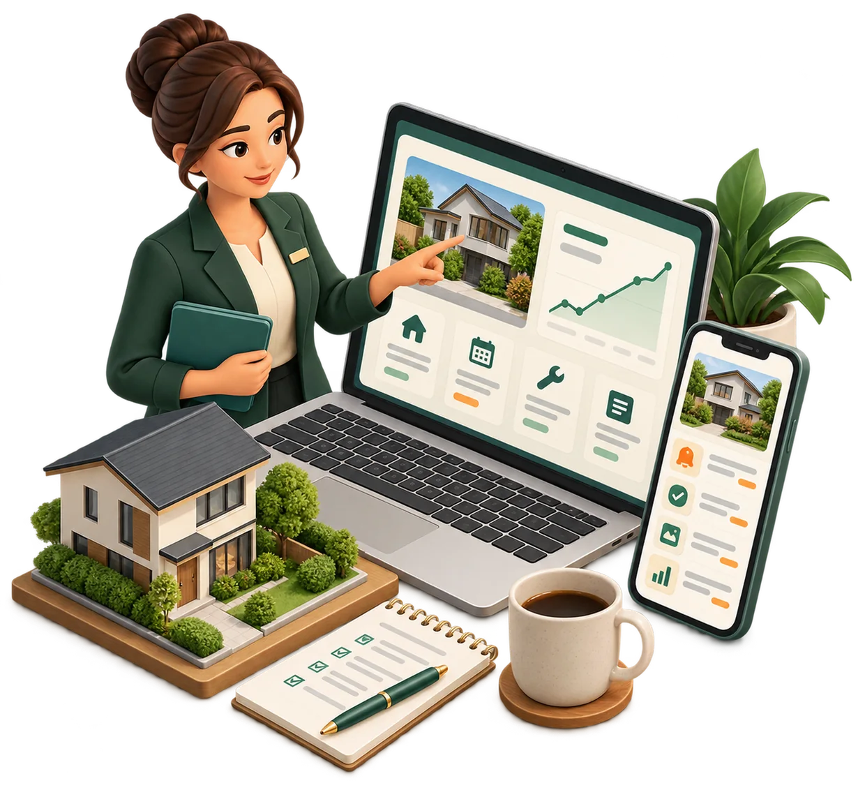 Pinewood team member showing property updates on a laptop and phone