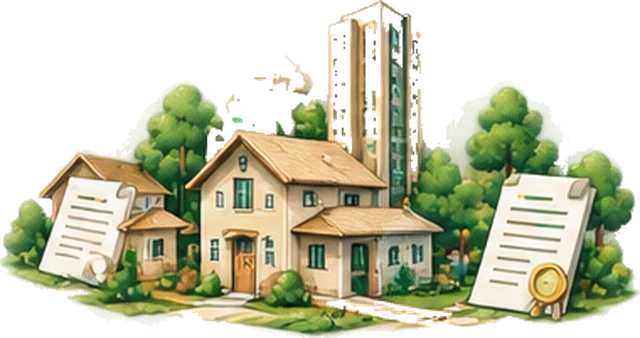 Illustration of a house with a location pin and property documents